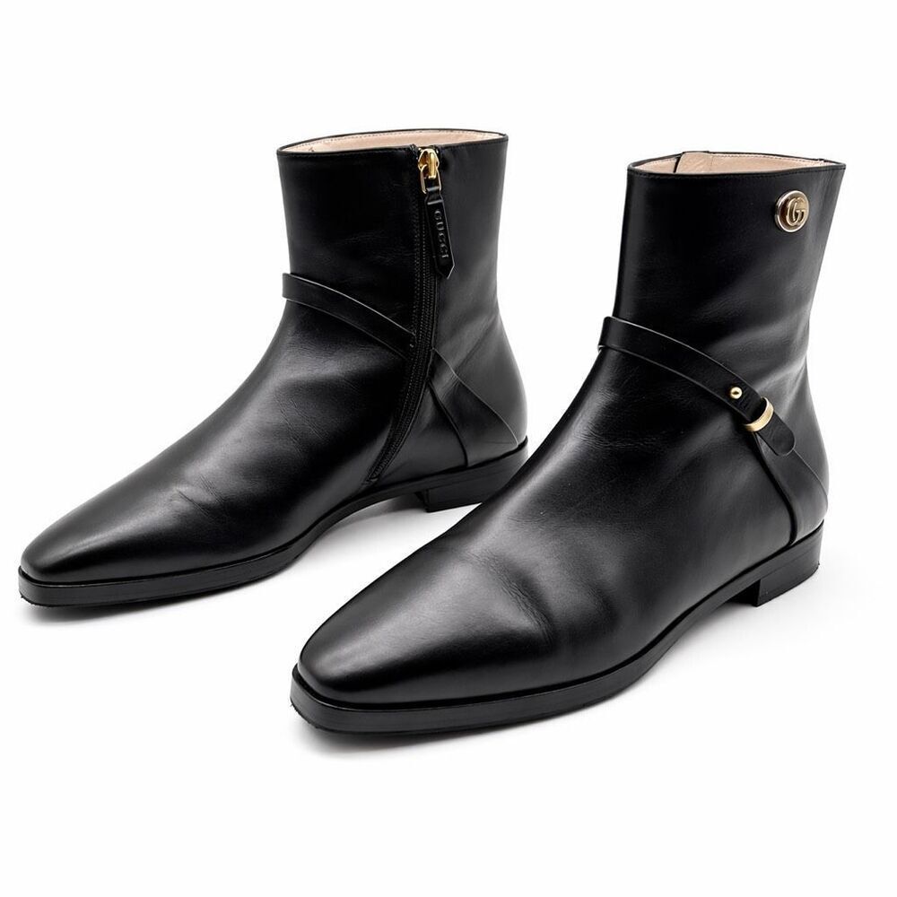 GUCCI Elite GG Ankle Boots Size 38.5 US 8.5 Black Leather Harness Low Heel Calf